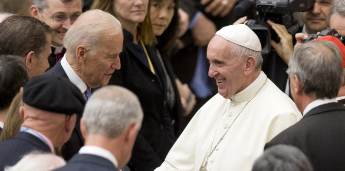April 29, 2016: Vice President Joe Biden shakes hands with Pope Francis during a congress on the progress of regenerative medicine held at the Vatican. (AP Photo/Andrew Medichini, File)