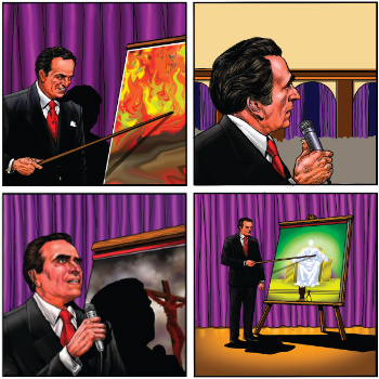 Jack Chick sharing the Gospel by flip chart